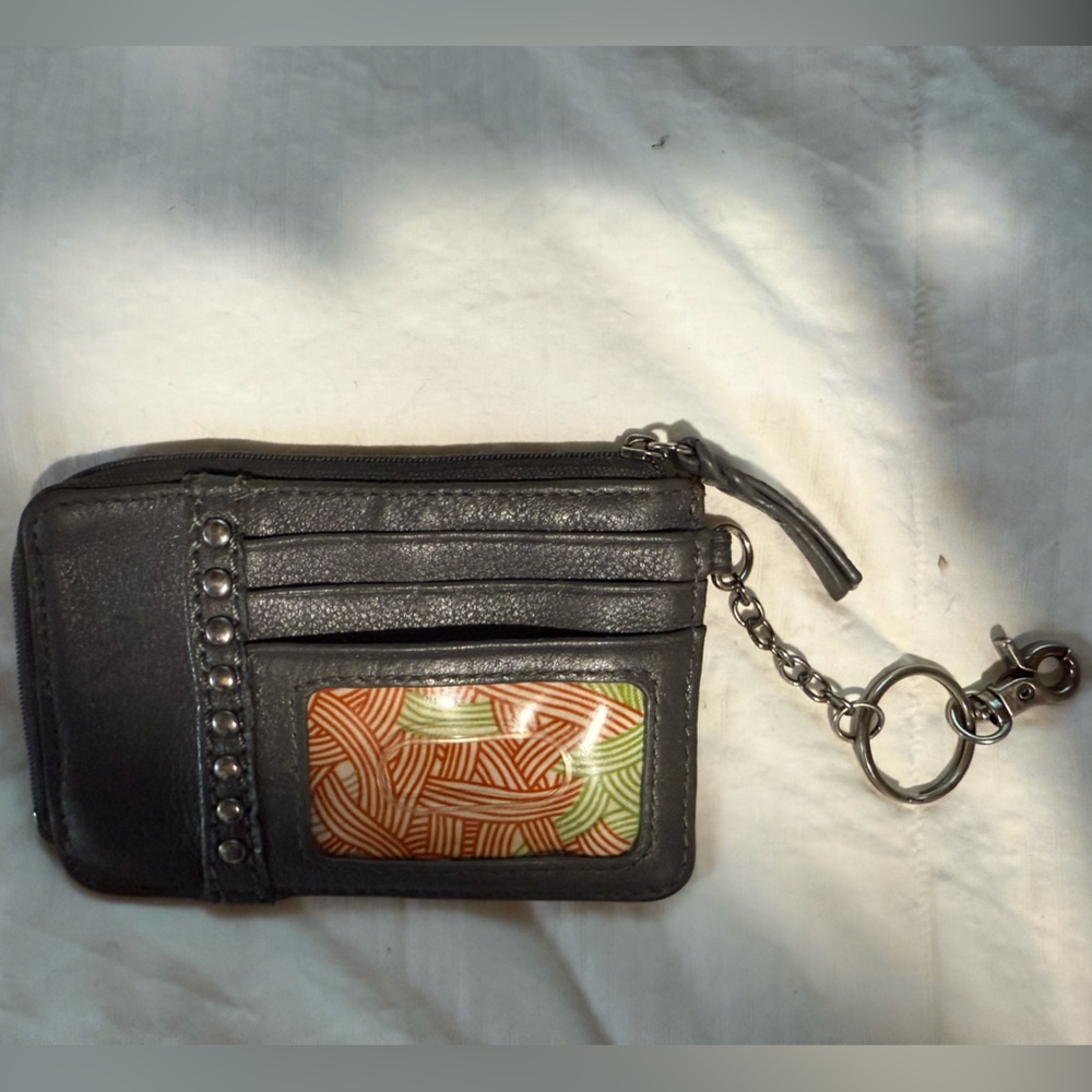 Grey Leather Keychain Wallet with Patterned Accent